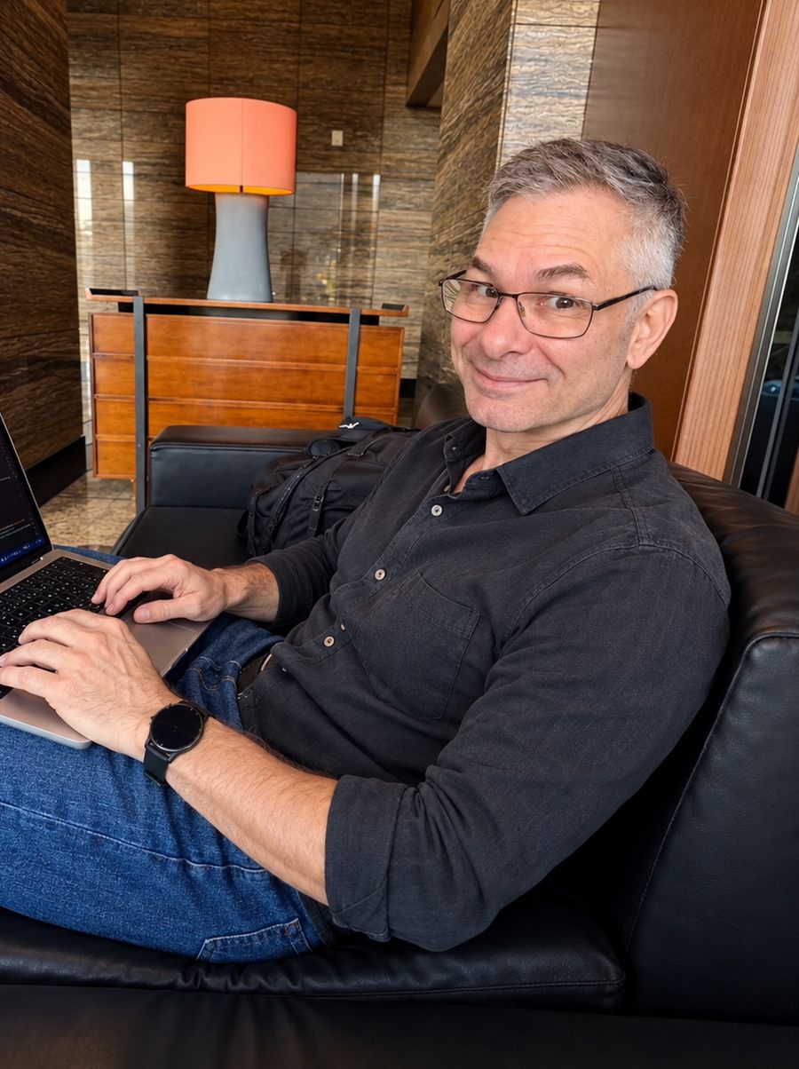 Craig Desorcy smiling on a leather sofa with a laptop open on his lap